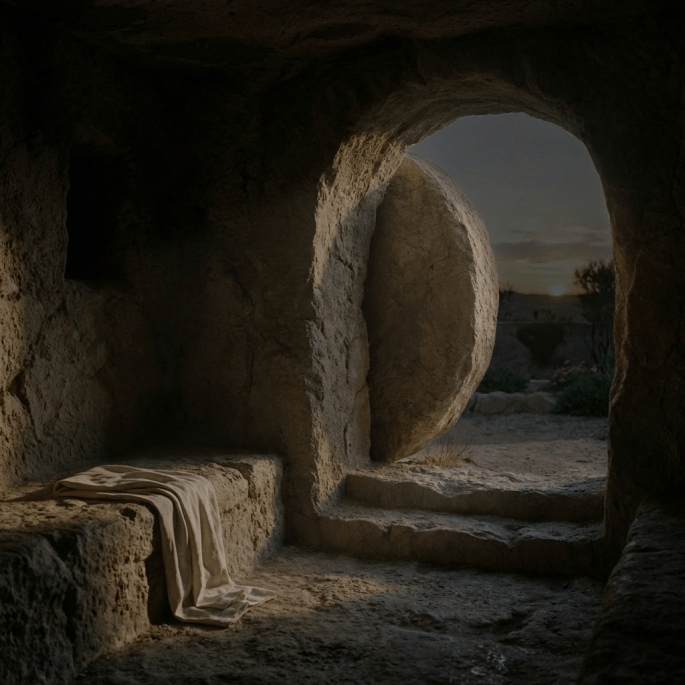 Interior of an empty rock tomb with a rolled-away stone and burial cloths at sunrise.
